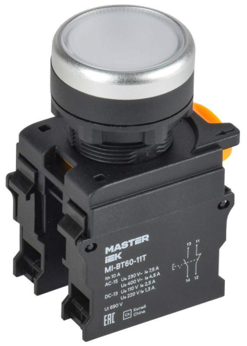 Кнопка d22мм 1НО+1НЗ MASTER с фиксацией бел. IEK MI-BT60-11T-3-21-K01