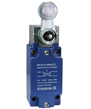 Выключатель путевой ВП 36-2116М-66 У2 рычаг со стальным роликом 1з+1р безинерционный 30х60мм без сальника 3А IP66 Электротехник ET007265
