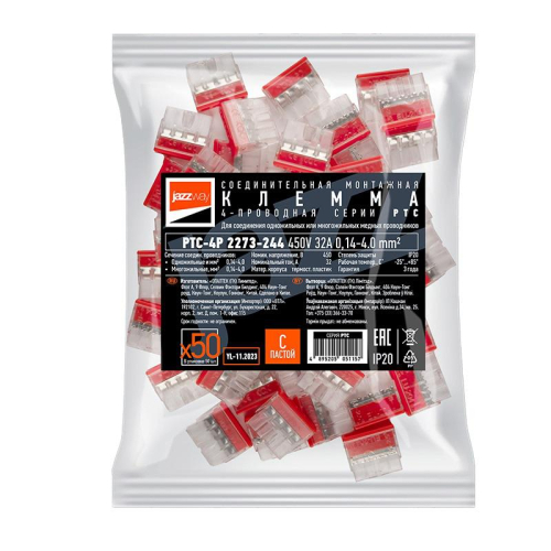 Клемма монтажная нажимного соединения PTC-4P 2273-244 450В 32А 0.14-4.0кв.мм JazzWay 5051157
