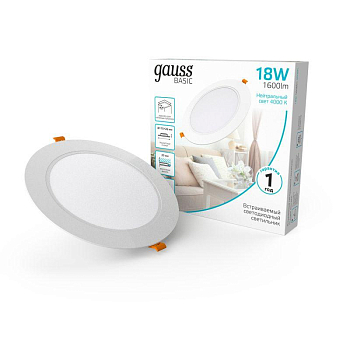 Светильник светодиодный Basic Downlight 18Вт 4000К IP20 1600лм 170-260В 170х26 круг бел. GAUSS 9030420218