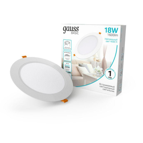 Светильник светодиодный Basic Downlight 18Вт 4000К IP20 1600лм 170-260В 170х26 круг бел. GAUSS 9030420218