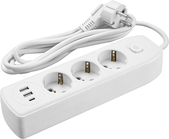 Удлинитель 3х3м с заземл. 10А IP20 90 839 OPE-USB-03-300-ESC-3x1 USB 2xType-A + Type-C с кнопкой ОНЛАЙТ 90839