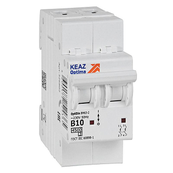 Выключатель автоматический модульный 2п B 10А 4.5кА OptiDin BM63-2B10-4.5-УХЛ3 КЭАЗ 329509