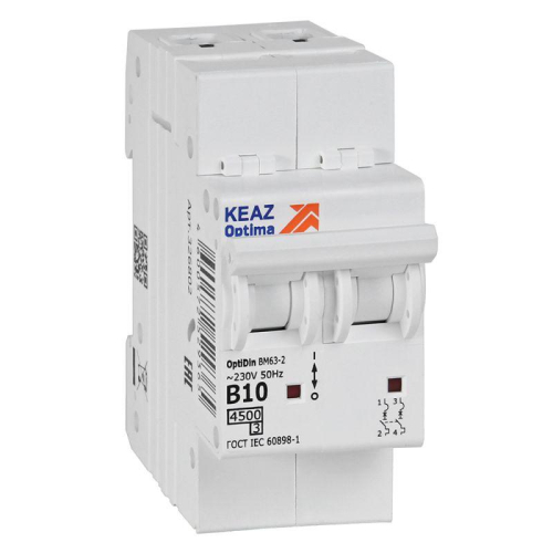 Выключатель автоматический модульный 2п B 10А 4.5кА OptiDin BM63-2B10-4.5-УХЛ3 КЭАЗ 329509