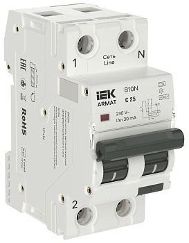 Выключатель автоматический дифференциального тока 2п (1P+NP) C 25 30мА тип A АВДТ B10N 36мм ARMAT IEK AR-B10N-1N-C025A030