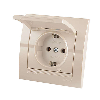Розетка 1-м СП Deriy 16А IP20 с заземл. с защ. крышкой керамика жемчуж./бел. метал. LEZARD 702-3030-123