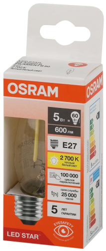 Лампа светодиодная филаментная LSCLB60 5W/827 230VFILCL 5Вт 2700К тепл. бел. E27 600лм B угол пучка 300град. 220-240В (замена 60Вт) прозр. стекло OSRAM 4058075684874