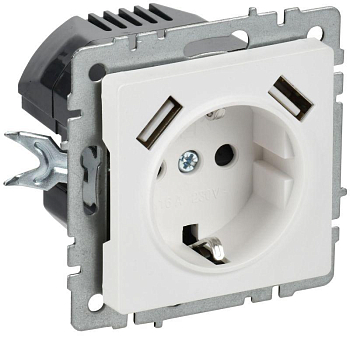 Розетка BRITE РЮш10-2-БрАБ 16А с USB A+A 3.1А с заземл. защ. шторки механизм арктич. бел. IEK BR-R14-16-U21-D31-K91