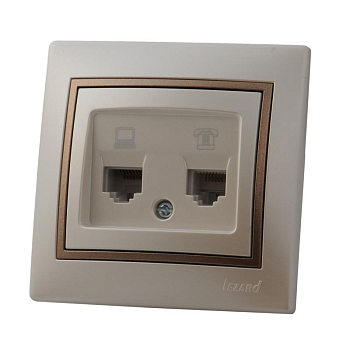 Розетка компьютерная + телефонная 2-м Mira RJ45 + RJ11 жемчуж./бел. метал./свет. корич. метал. LEZARD 701-3031-143