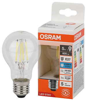 Лампа светодиодная филаментная LS CLA60 5W/865 230VFILCL 5Вт 6500К холод. бел. E27 600лм A угол пучка 300град. 220-240В (замена 60Вт) прозр. стекло OSRAM 4058075687691