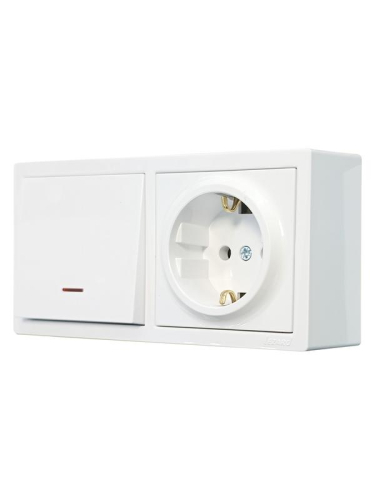 Блок ОП LETO (1-кл. выключатель с индикацией + 1-м розетка с заземл.) горизонт. бел. LEZARD 752-0200-170BIP
