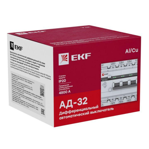 Выключатель автоматический дифференциального тока 4п (3P+N) C 40А 300мА тип AC 4.5кА АД-32 защита 270В электрон. PROxima EKF DA32-40-300-4P-pro