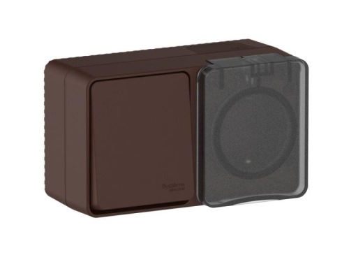 Блок ОП AtlasDesign PROFI IP54 (розетка 1-м 16А заземл. защ. шторки + 1-кл. выключатель 10А) корич. SE ATN546070