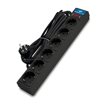 Удлинитель с сетевым фильтром 6х5м с заземл 10А IP20 2.2кВт ПВС 3х1 с выкл. черн. DOMTOK 2523