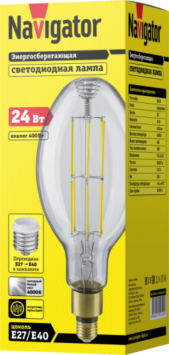 Лампа светодиодная филаментная высокомощная 14 340 NLL-ED120-24-230-840-Е27-CL 24Вт прозрачная 4000К нейтр. бел. E27 (с переходником на E40) 4200лм 176-264В Navigator 14340