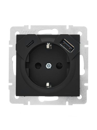Розетка 1-м СП Vesna с заземл. с заряд. устройством USB + тип C механизм черн. бархат LEZARD 742-4288-181TC