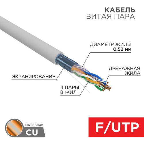 Кабель витая пара F/UTP CAT 5E PVC 4х2х0.52мм 24AWG INDOOR SOLID сер. (305м) PRO Rexant 02-0025