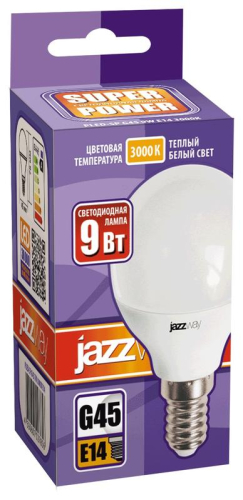 Лампа светодиодная PLED-SP 9Вт G45 шар 3000К тепл. бел. E14 820лм 230В JazzWay 2859570A