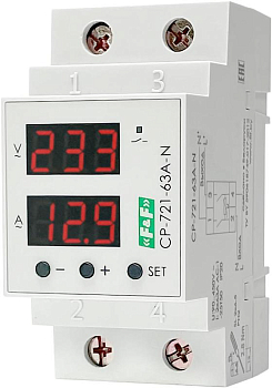 Реле напряжения с контролем тока и мощности CP-721-63A-N 1ф 2НО 2х63А с разрывом нейтрали в соответствии с ПУЭ 7.1.21 и предназнач. для защ. сети бытовой техники от повыш. или пониж. напржения в сети F&F EA04.009.028