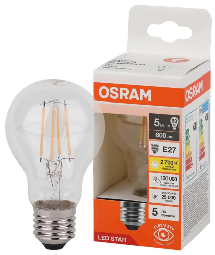 Лампа светодиодная филаментная LSCLA60 5W/827 230VFILCL 5Вт 2700К тепл. бел. E27 600лм A угол пучка 300град. 220-240В (замена 60Вт) прозр. стекло OSRAM 4058075683921