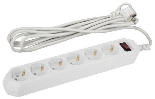 Удлинитель с сетевым фильтром 6х5м с заземл. 10А IP20 USF-6es-5m-W с выкл. с базов. защитой бел. Эра Б0037264