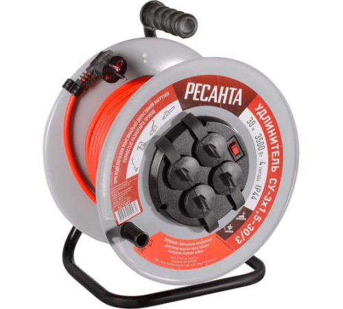 Удлинитель на метал. катушке 4х30м IP44 СУ-3х1.5-30/3 с выкл. Ресанта 61/118/7