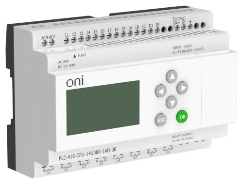 Модуль ЦПУ ПЛК 410 8 DI 6 UI (0-10В/DI) 8 RO 12В-24В DC или 24В AC с Ethernet портом с экраном ONI PLC-410-CPU-14U08R-1AD-00