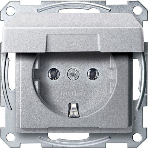 Механизм розетки 1-м СП Merten 16А IP44 с заземл. без защ. шторок с крышкой QF SM алюм. SchE MTN2311-0460