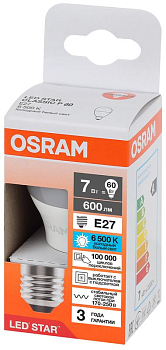 Лампа светодиодная LED Star 7Вт 6500К холод. бел. E27 600лм P угол пучка 180град. 170-250В (замена 60Вт) матов. пластик OSRAM 4058075696501