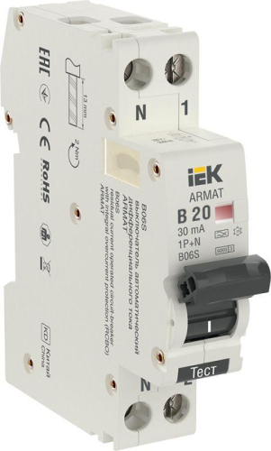 Выключатель автоматический дифференциального тока 2п (1P+N) B 20А 30мА тип A АВДТ B06S 18мм ARMAT IEK AR-B06S-1N-B20A030