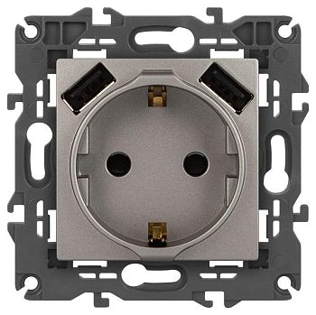 Розетка ЭРА Elegance 14-4109-16 2P+E 16A-250В штор. с 2xUSB 5В-3А титан Эра Б0065775