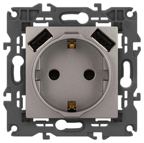 Розетка ЭРА Elegance 14-4109-16 2P+E 16A-250В штор. с 2xUSB 5В-3А титан Эра Б0065775