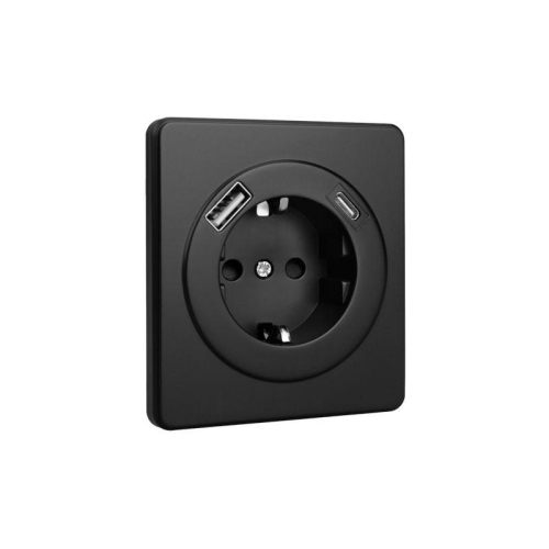 Розетка 1-м СП ROUND MIELE 16А с заземл. защ. шторки с USB A+C быстрой зарядки 5В/3А оникс Kranz KR-78-0704-3