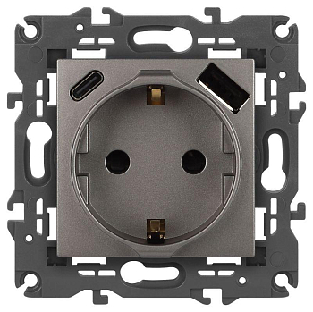 Розетка ЭРА Elegance 14-4108-16 2P+E 16A-250В со шторками с USB type-A+C 5В-3А титан Эра Б0067695