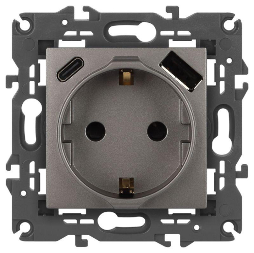 Розетка ЭРА Elegance 14-4108-16 2P+E 16A-250В со шторками с USB type-A+C 5В-3А титан Эра Б0067695