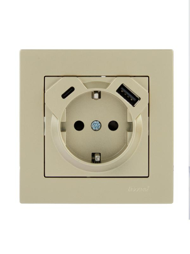 Розетка Vesna с заземл. TC+USB разъем титан LEZARD 742-3788-181TC