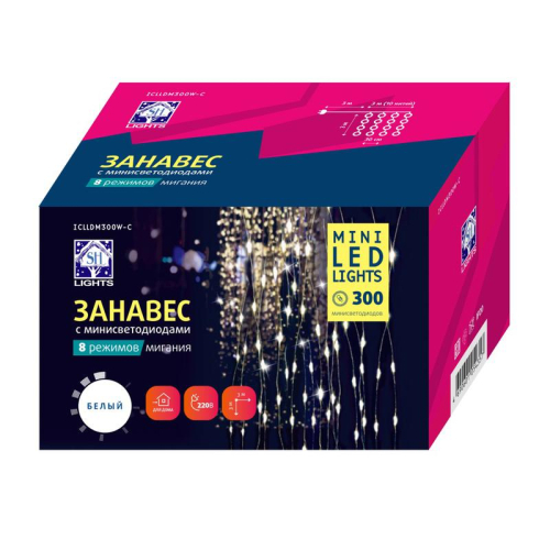 Гирлянда "Занавес" ICLLDM300W-C 300LED LED 3х3м 8режимов IP20 бел. SHLights 4690601054357
