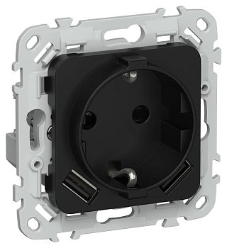 Розетка 1-м СП FLITE РСЮша11-1-ФлЧ 16А с USB A+A 3.1А с заземл. с защ. шторками безвинтовое крепление механизм черн. IEK FI-R14-16-1-U21-D31-K02