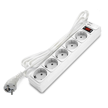Удлинитель с сетевым фильтром 5х5м с заземл 10А 2.2кВт IP20 2хUSB ПВС 3х1 с выкл. бел. DOMTOK 2566