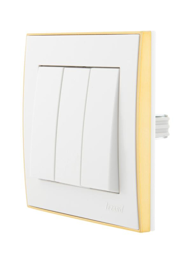 Выключатель 3-кл. СП Rain 10А IP20 с зол. боковой вставкой бел. LEZARD 703-0226-109