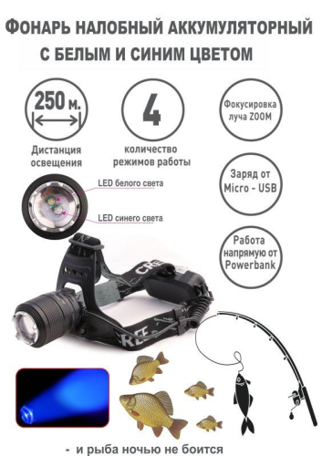 Фонарь налобный аккумуляторный LED5339 3.7В LED+син. LED 5Вт фокус 2 ак. 4 реж USB черн. Ultraflash 15041