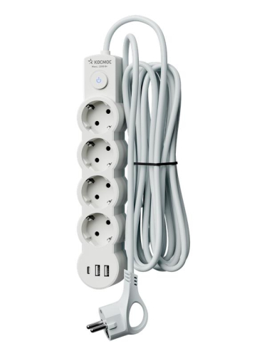 Удлинитель 3х5м с заземл. 10А IP20 USB 2500Вт 220В ПВС 3х1 с выкл. бел. КОСМОС YKsm5m4g-Z-VU10А-W
