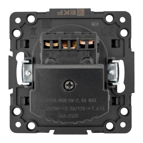 Розетка 1-м СП Стокгольм 16А USB 2A с заземл. защ. шторки винтов. клеммы механизм черн. EKF EZR16-2USB-typeA