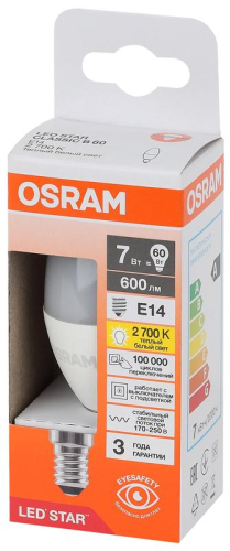 Лампа светодиодная LED Star 7Вт свеча 2700К E14 600лм (замена 60Вт) OSRAM 4058075696297