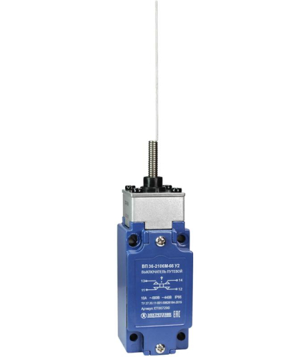 Выключатель путевой ВП 36-2106М-66 У2 рычаг пружинный "кошачий ус" 1з+1р безинерционный 30х60мм без сальника 3А IP66 Электротехник ET007290