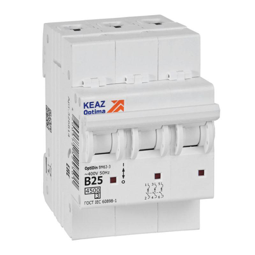 Выключатель автоматический модульный 3п B 25А 10кА OptiDin BM63-3B25-4.5-УХЛ3 КЭАЗ 329521