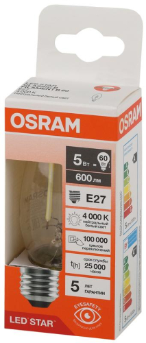 Лампа светодиодная филаментная LSCLB60 5W/840 230VFILCL 5Вт 4000К нейтр. бел. E27 600лм B угол пучка 300град. 220-240В (замена 60Вт) прозр. стекло OSRAM 4058075684904