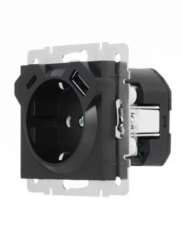 Розетка 1-м СП Vesna с заземл. с заряд. устройством USB + тип C механизм черн. бархат LEZARD 742-4288-181TC