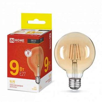 Лампа светодиодная LED-GL-95-deco gold 9Вт шар золотая 3000К тепл. бел. E27 1040лм 230В IN HOME 4690612036465