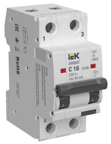 Выключатель автоматический дифференциального тока B10N 2P C16 30мА тип A ARMAT IEK AR-B10N-2-C016A030